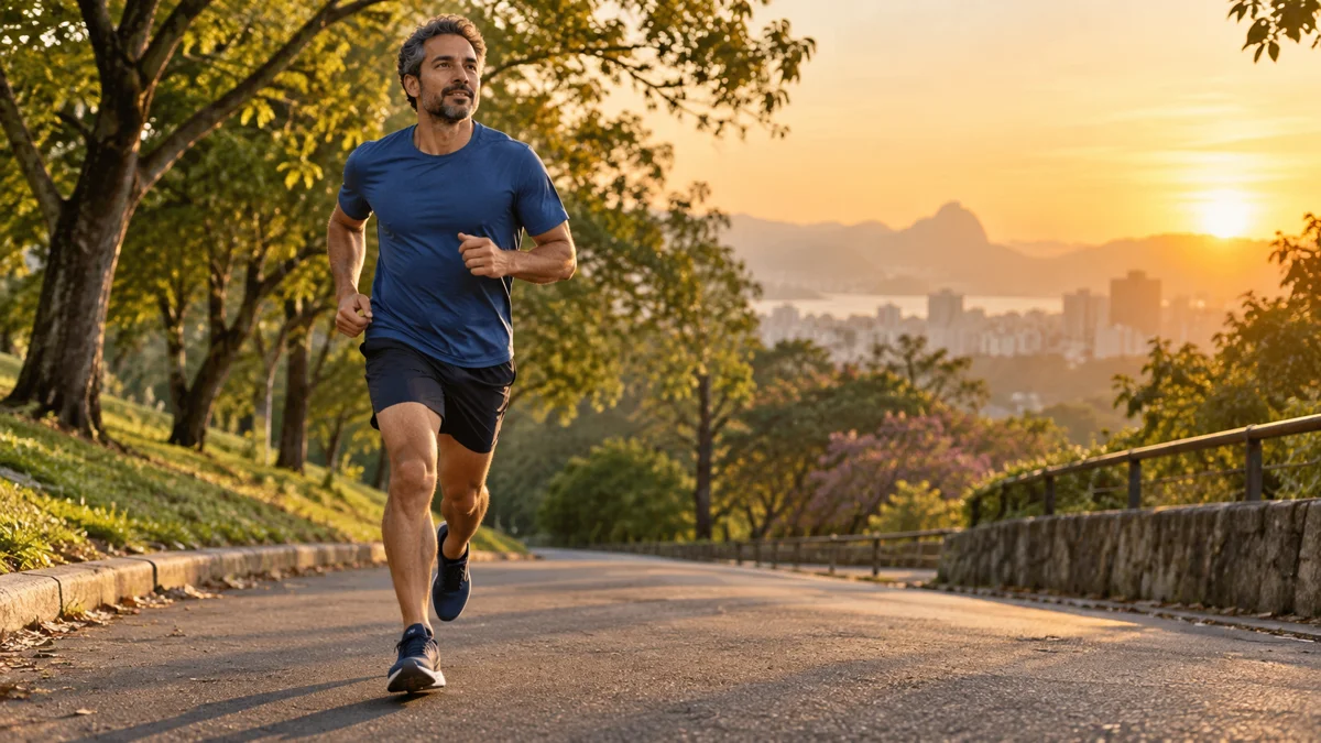 Corredor em uma subida suave ao amanhecer, representando corrida e superação.